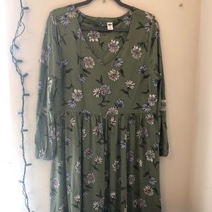 Old Navy Olive Floral V Neck Babydoll Dress